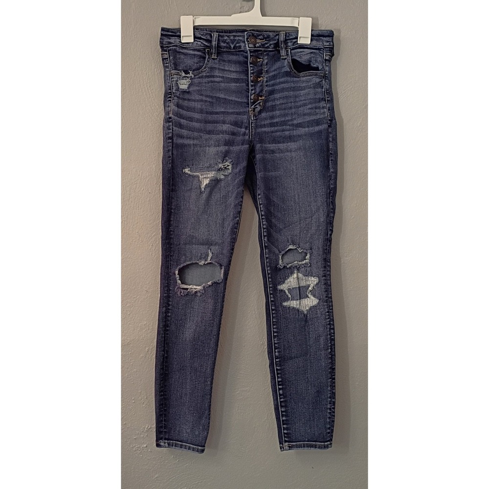 American Eagle Jeans Women 14 Blue Hi Rise Jegging Next Level Stretch Distressed
